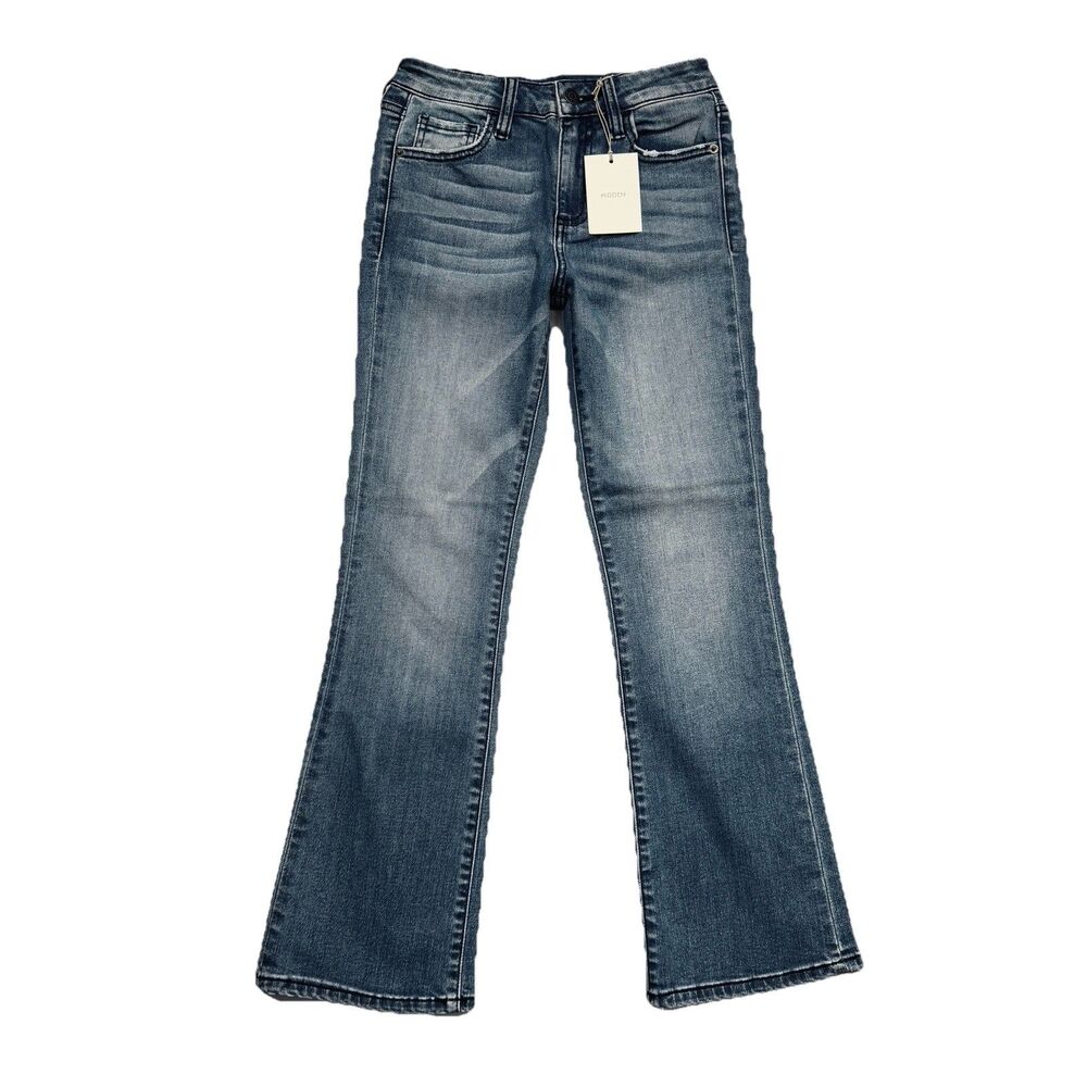 Hidden Happi Crop Flare Jeans 24 (24x25.5) Blue Distress Stretch Denim Women New